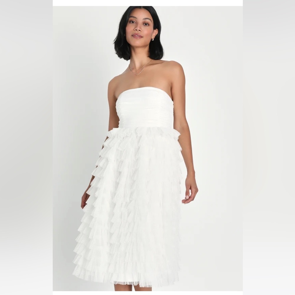 Lulus White Mesh Swiss Dot Ruched Tiered Midi Dress